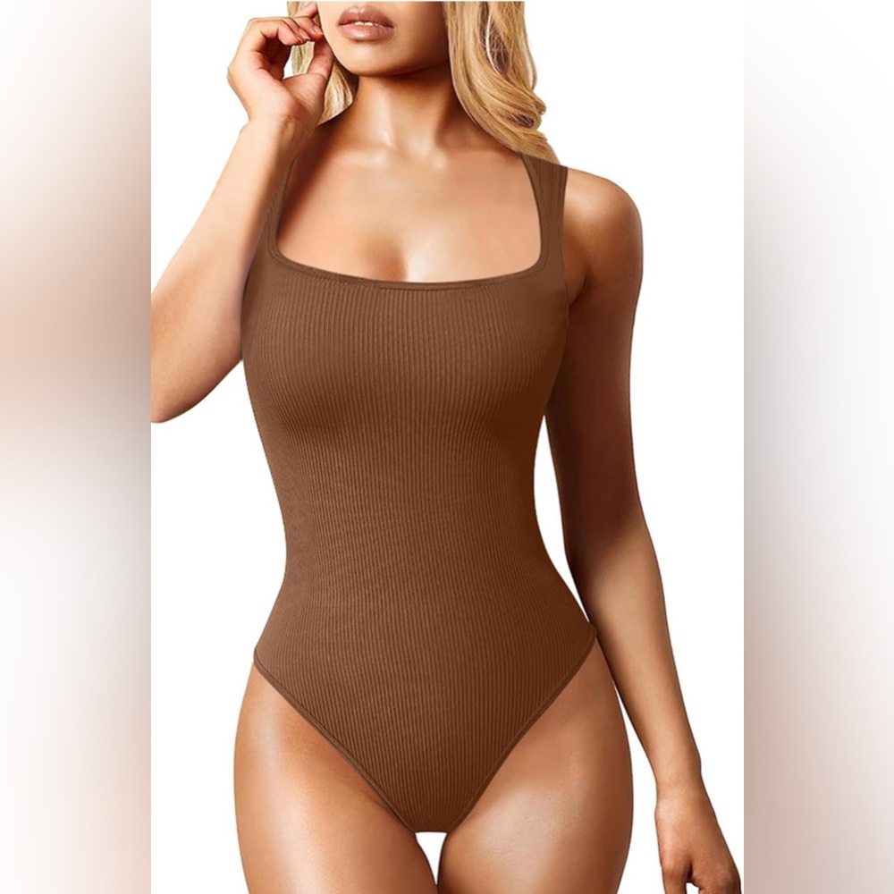 eoeoo Women's Sexy Sleeveless Square Neck Ribbed Strappy One Piece Bodysuit